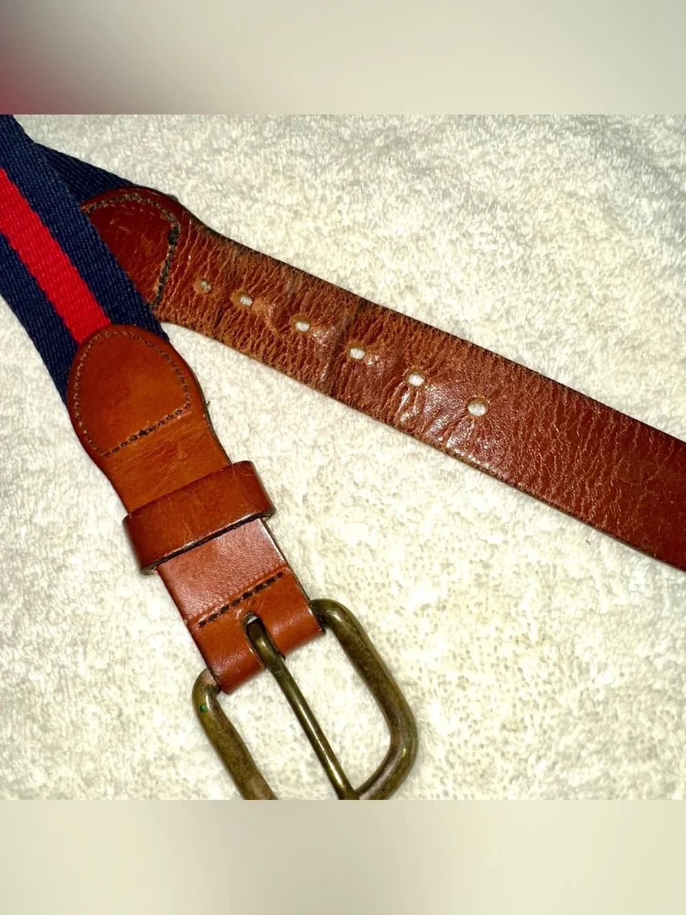 Vintage Leather Man Ltd Navy Red Stripe Canvas Leather Belt Solid Brass Sz 42